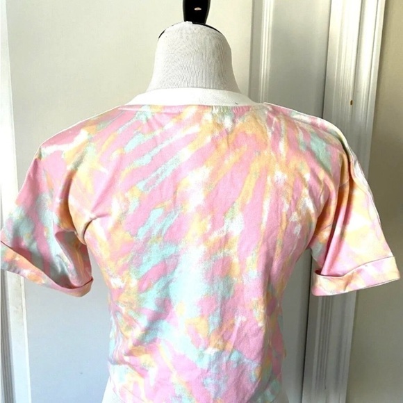 NEW Womens Adidas Sz Small Crop Top Pullover Crew Neck Logo Tie Dye Pink Stripe - Picture 5 of 6